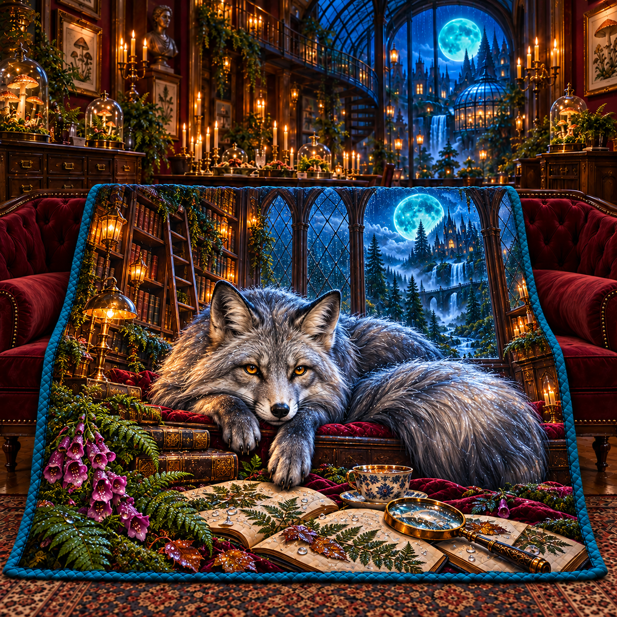 Rainveil Fox Library Quilt Blanket with printed optical 3D artwork in its use setting