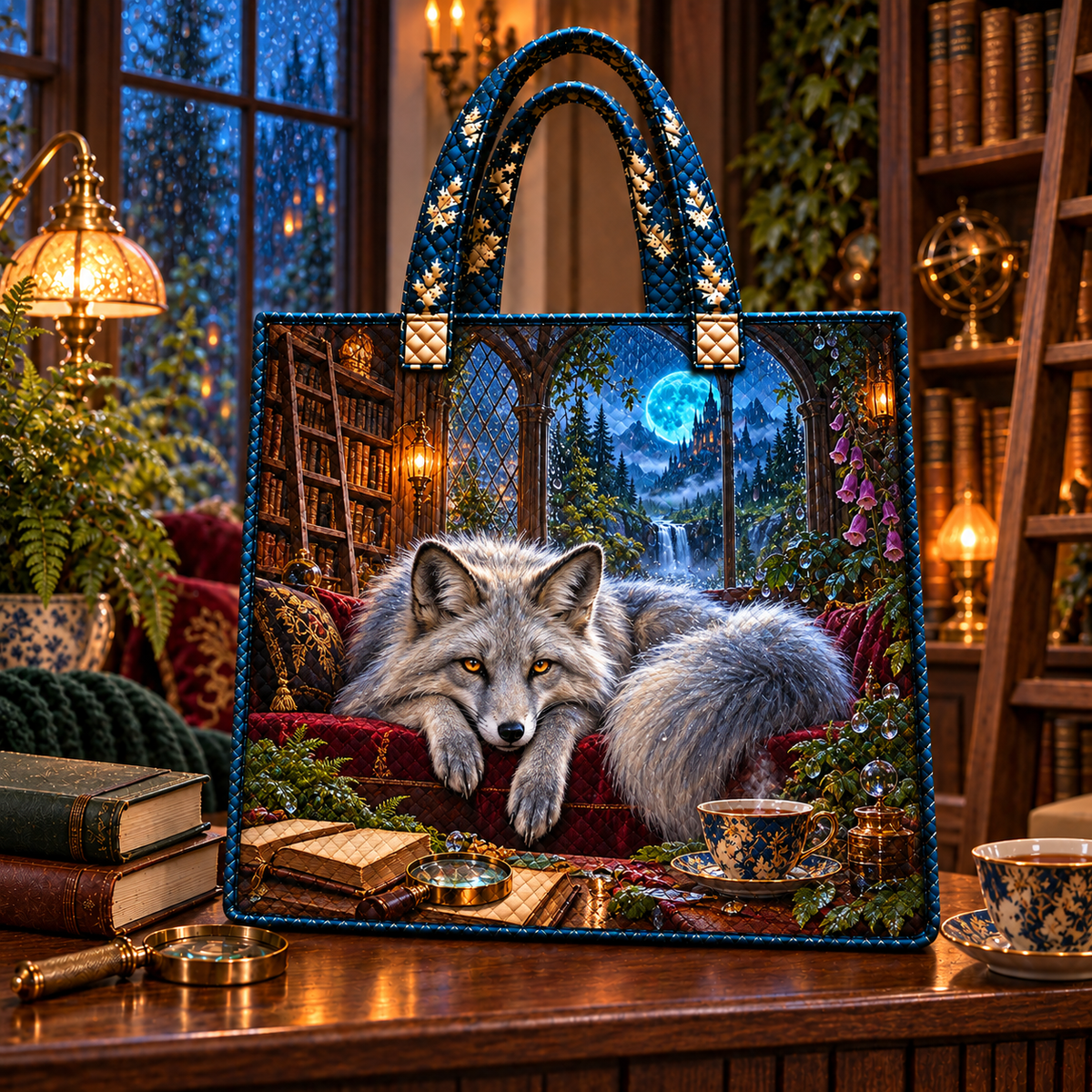 Rainveil Fox Library Quilted Tote Bag with printed optical 3D artwork in its use setting