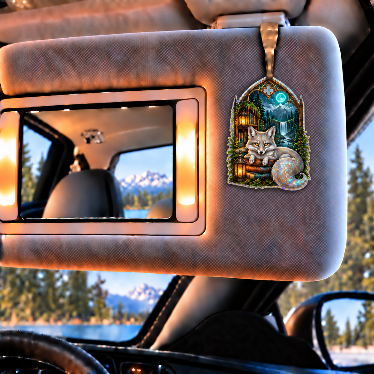 Rainveil Fox Library Holographic Car Visor Clip with printed optical 3D artwork in its use setting