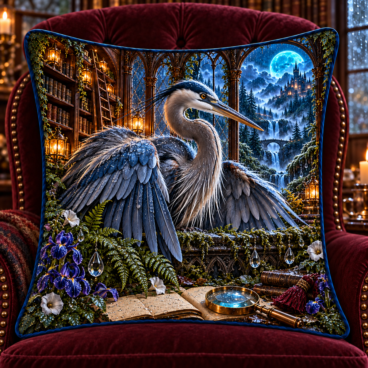 Stormglass Heron Chamber Quilted Cushion Cover with printed optical 3D artwork in its use setting