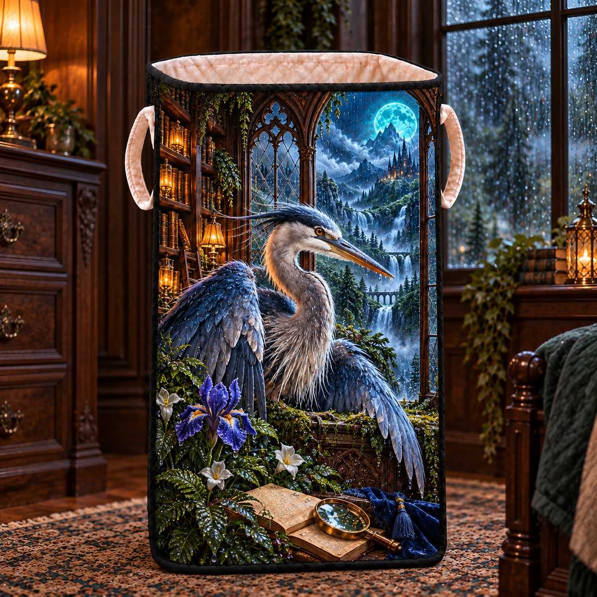 Stormglass Heron Chamber Laundry Hamper with printed optical 3D artwork in its use setting