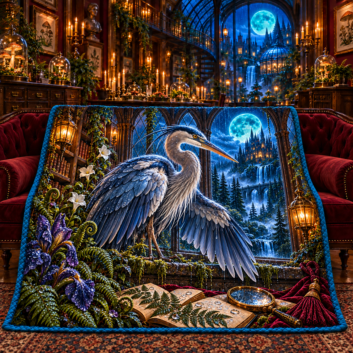 Stormglass Heron Chamber Quilt Blanket with printed optical 3D artwork in its use setting