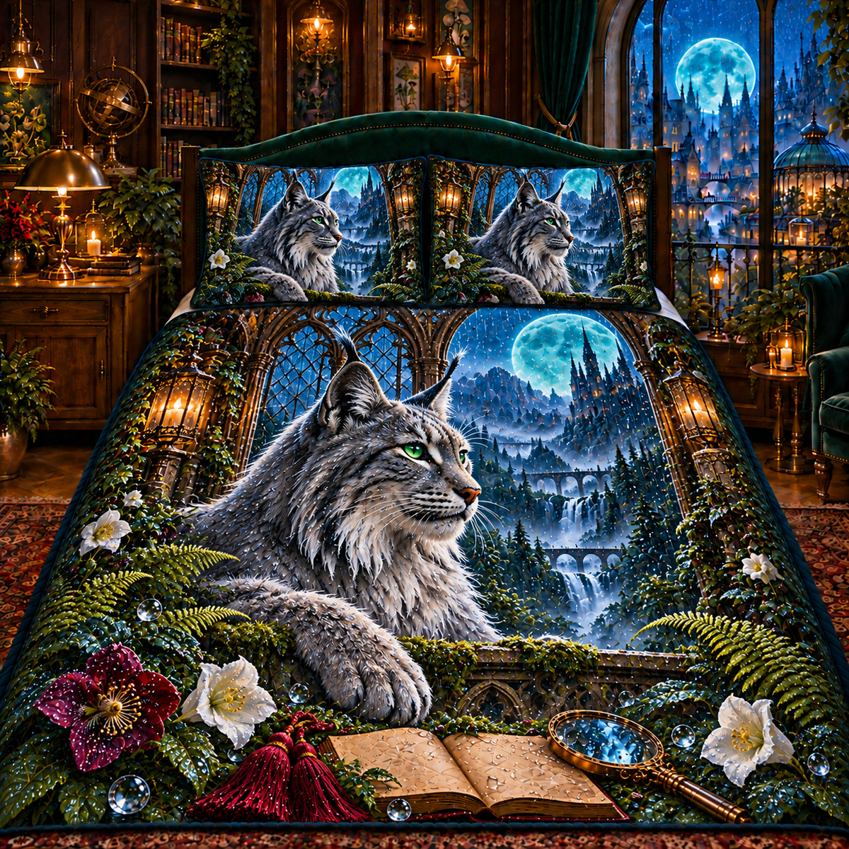 Raincrown Lynx Atrium Quilted Bedding Set with printed optical 3D artwork in its use setting