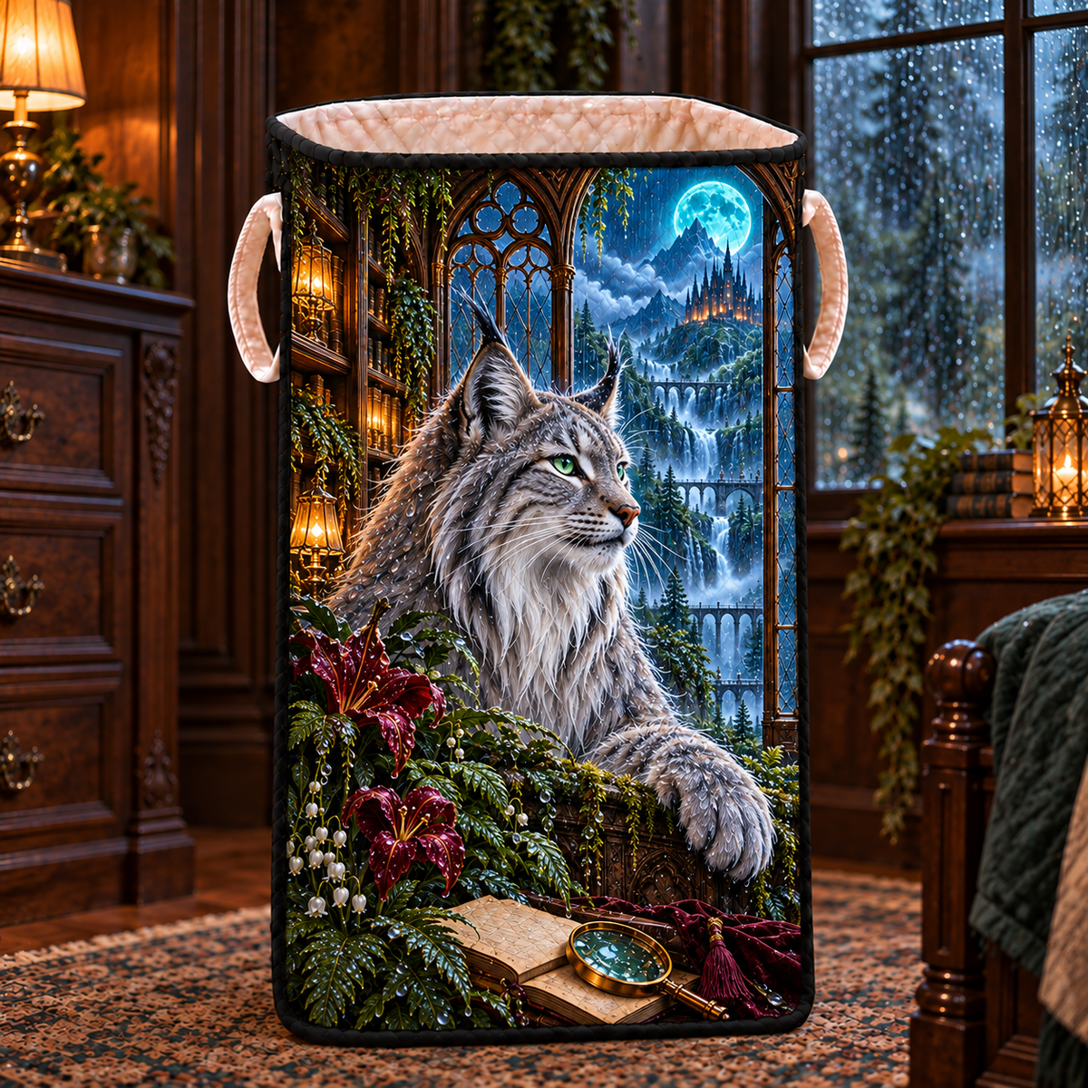 Raincrown Lynx Atrium Laundry Hamper with printed optical 3D artwork in its use setting