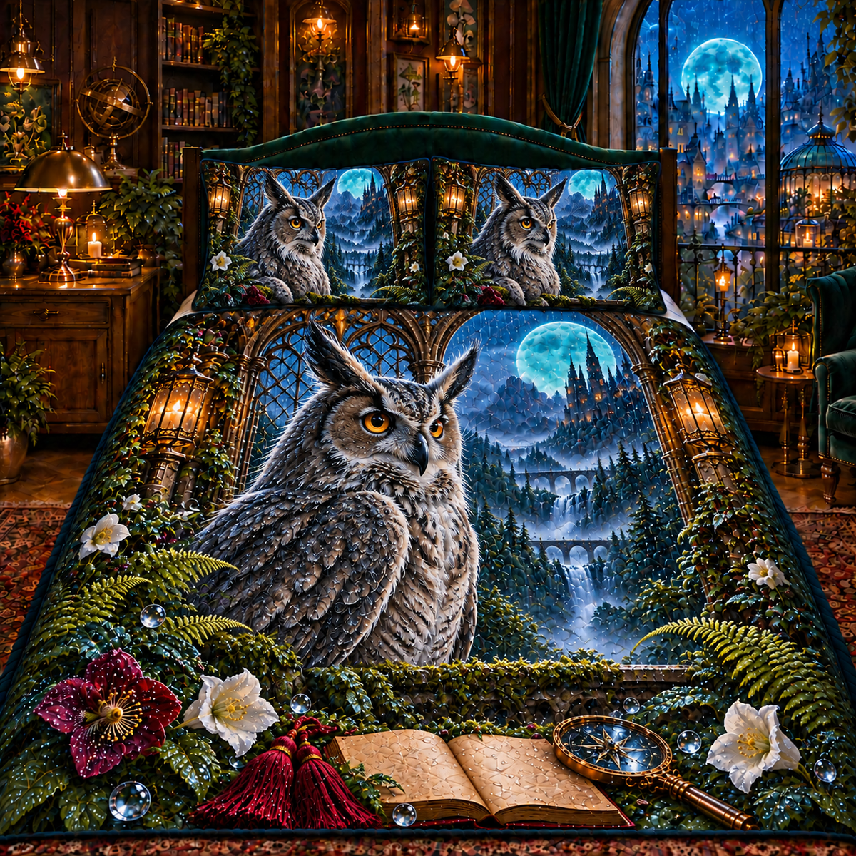 Rainvault Owl Study Quilted Bedding Set with printed optical 3D artwork in its use setting