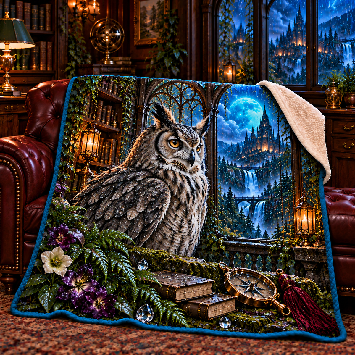 Rainvault Owl Study Sherpa & Fleece Blanket with printed optical 3D artwork in its use setting
