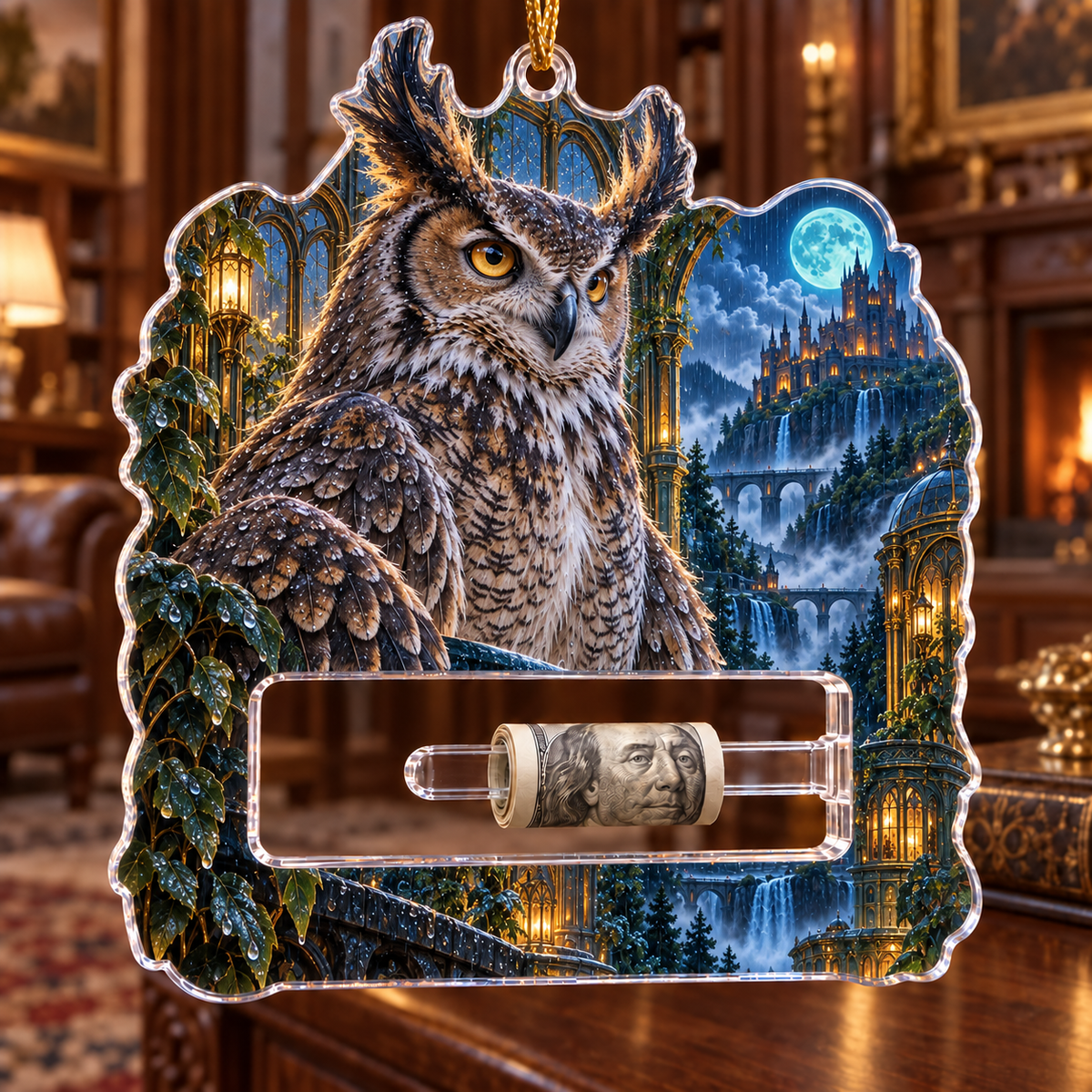 Rainvault Owl Study Acrylic Cash Holder Ornament with printed optical 3D artwork in its use setting