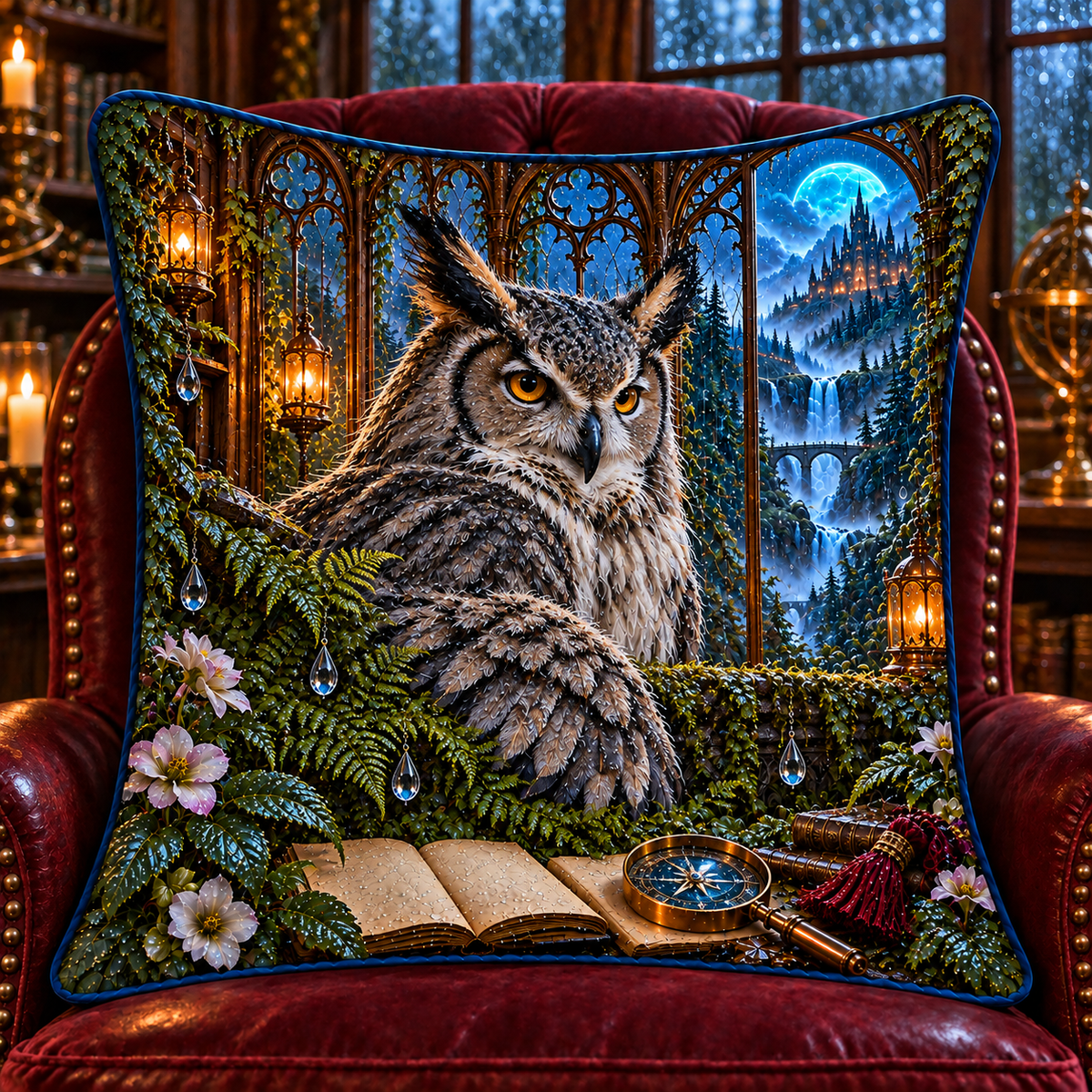 Rainvault Owl Study Quilted Cushion Cover with printed optical 3D artwork in its use setting