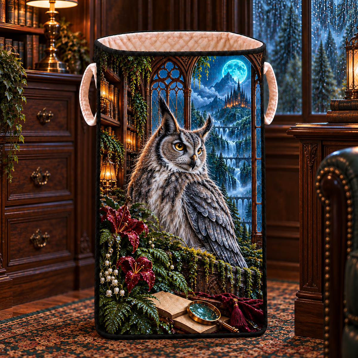 Rainvault Owl Study Laundry Hamper with printed optical 3D artwork in its use setting