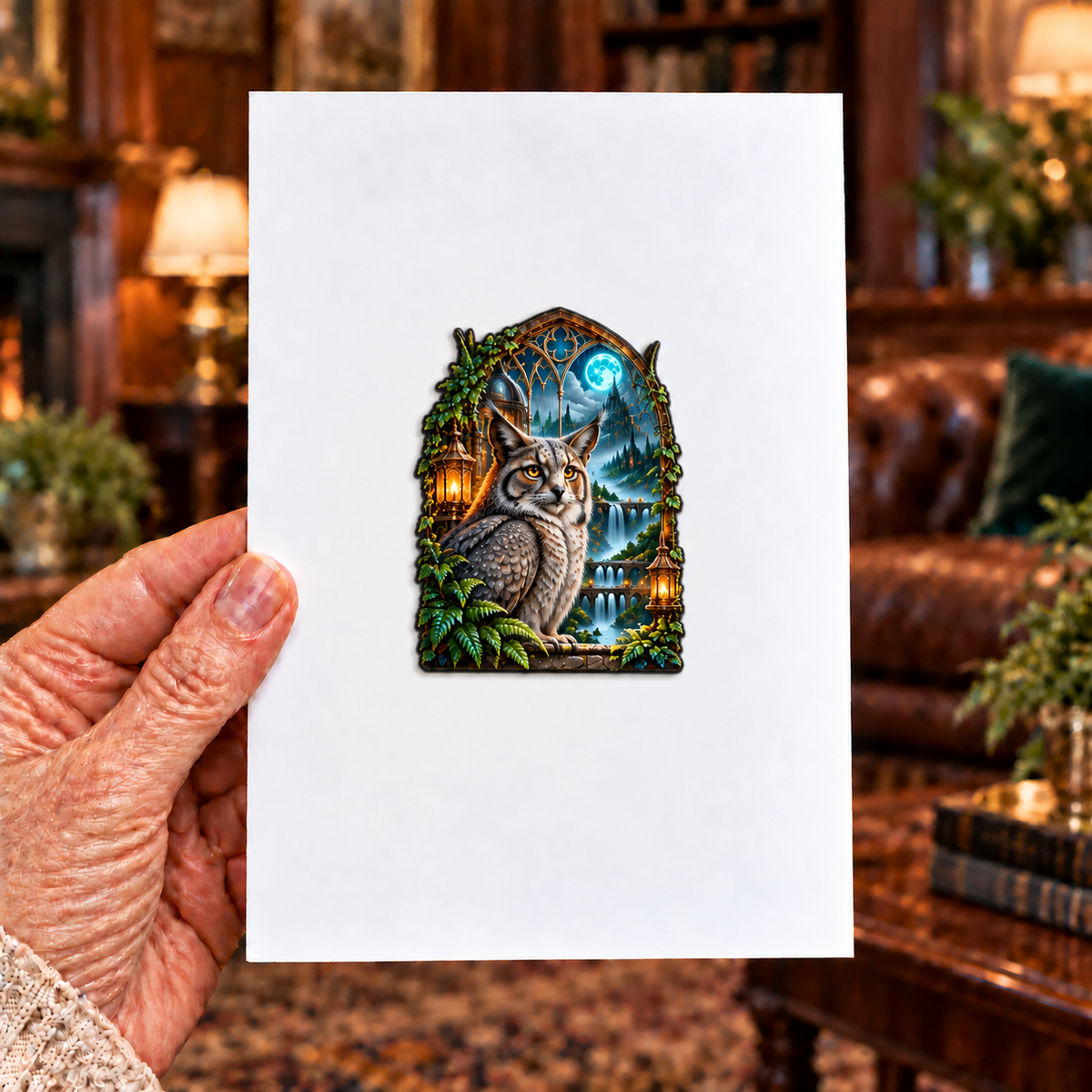 Rainvault Owl Study Acrylic Refrigerator Magnet with printed optical 3D artwork in its use setting