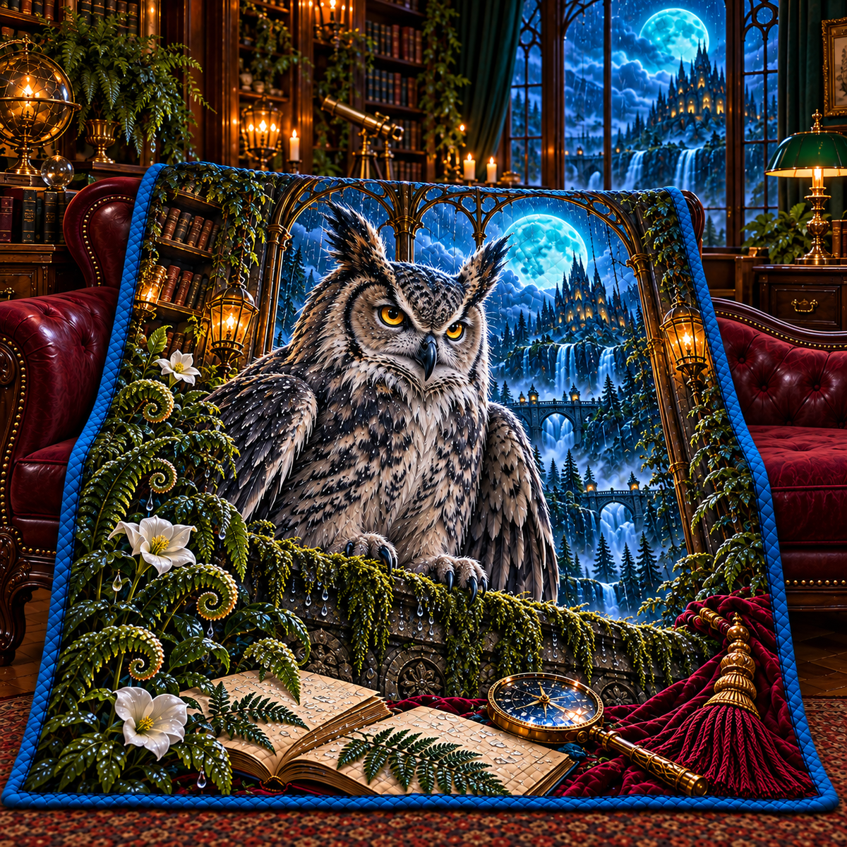 Rainvault Owl Study Quilt Blanket with printed optical 3D artwork in its use setting