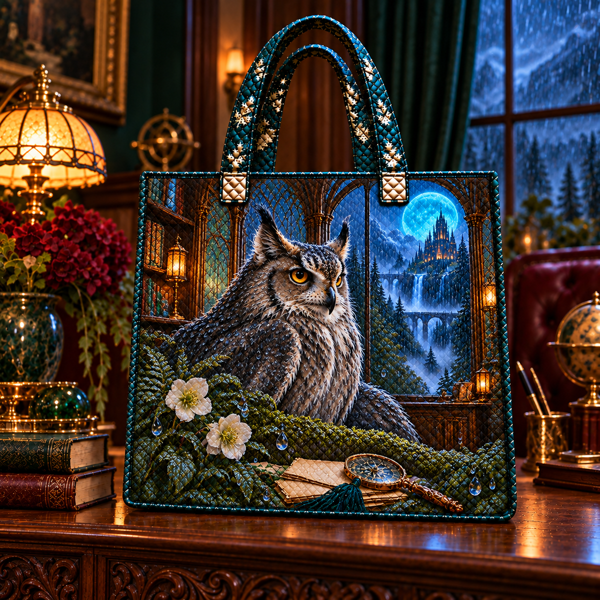 Rainvault Owl Study Quilted Tote Bag with printed optical 3D artwork in its use setting