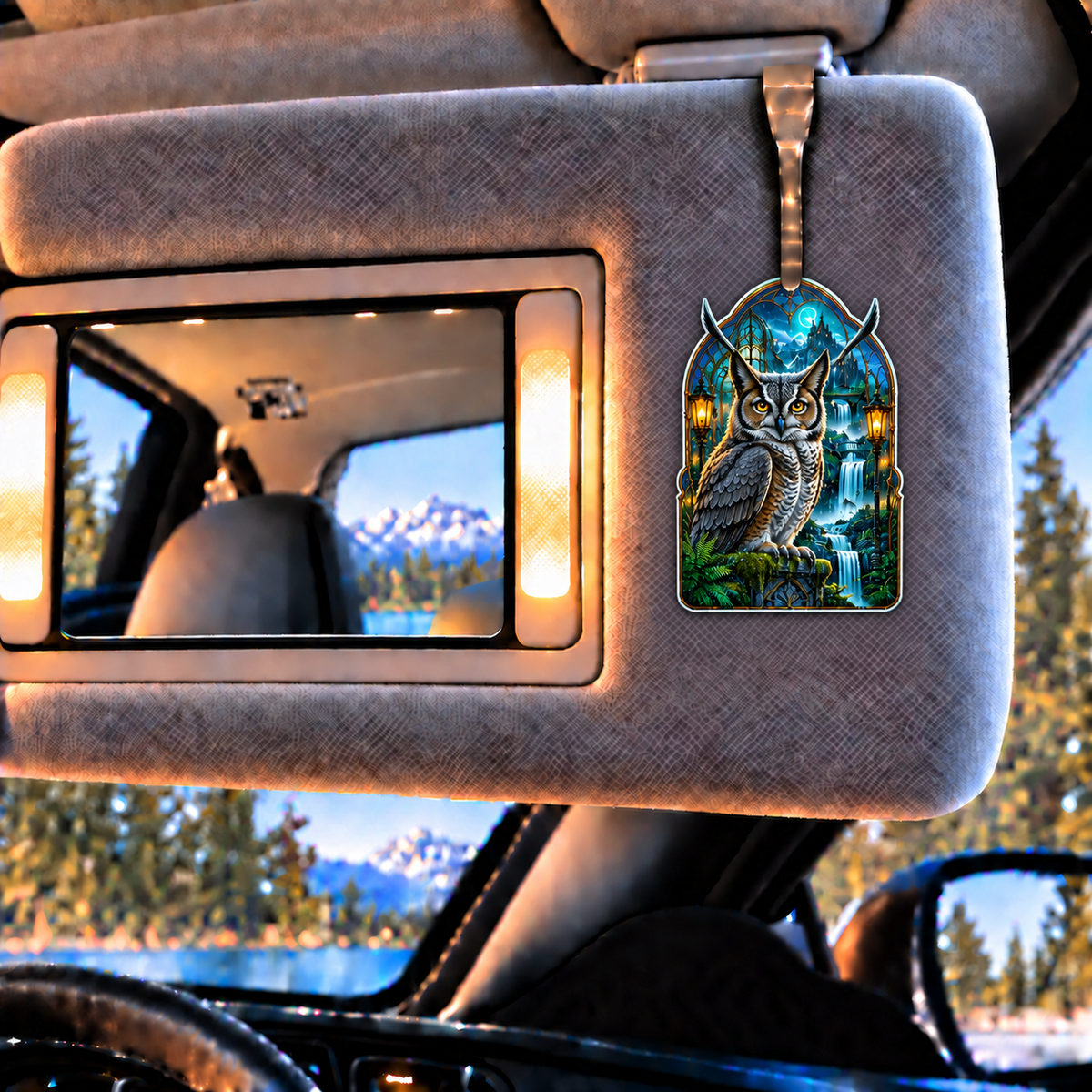Rainvault Owl Study Holographic Car Visor Clip with printed optical 3D artwork in its use setting