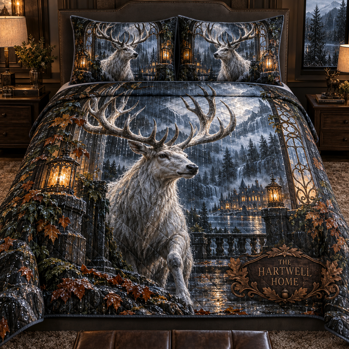 Rainpane Stag Welcome Quilted Bedding Set with printed optical 3D artwork in its use setting
