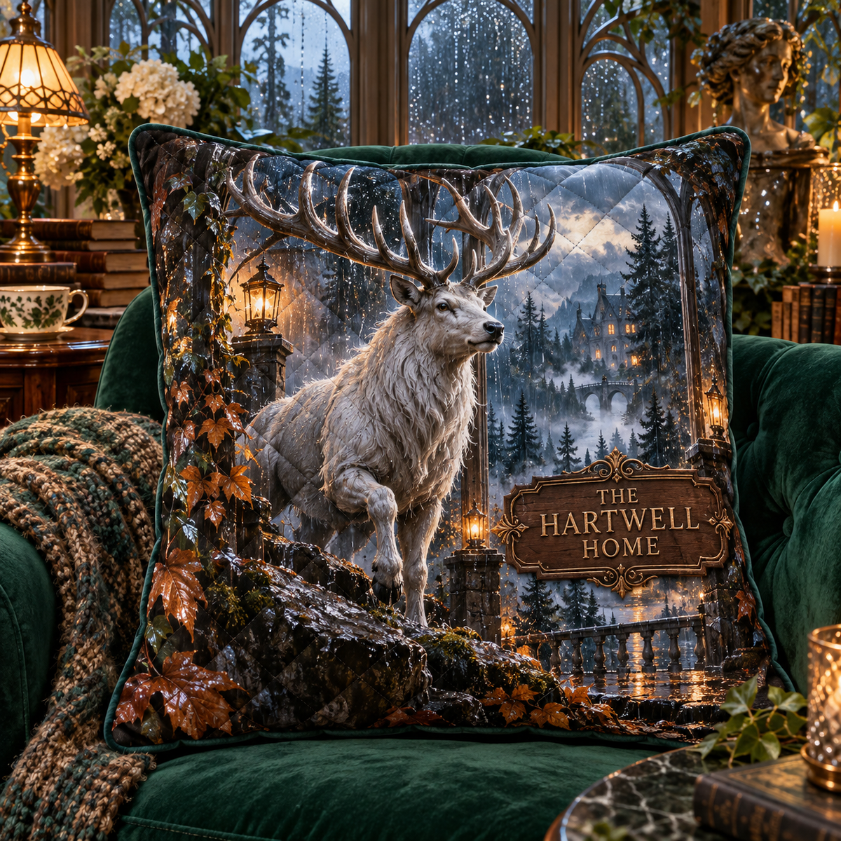 Rainpane Stag Welcome Quilted Cushion Cover with printed optical 3D artwork in its use setting
