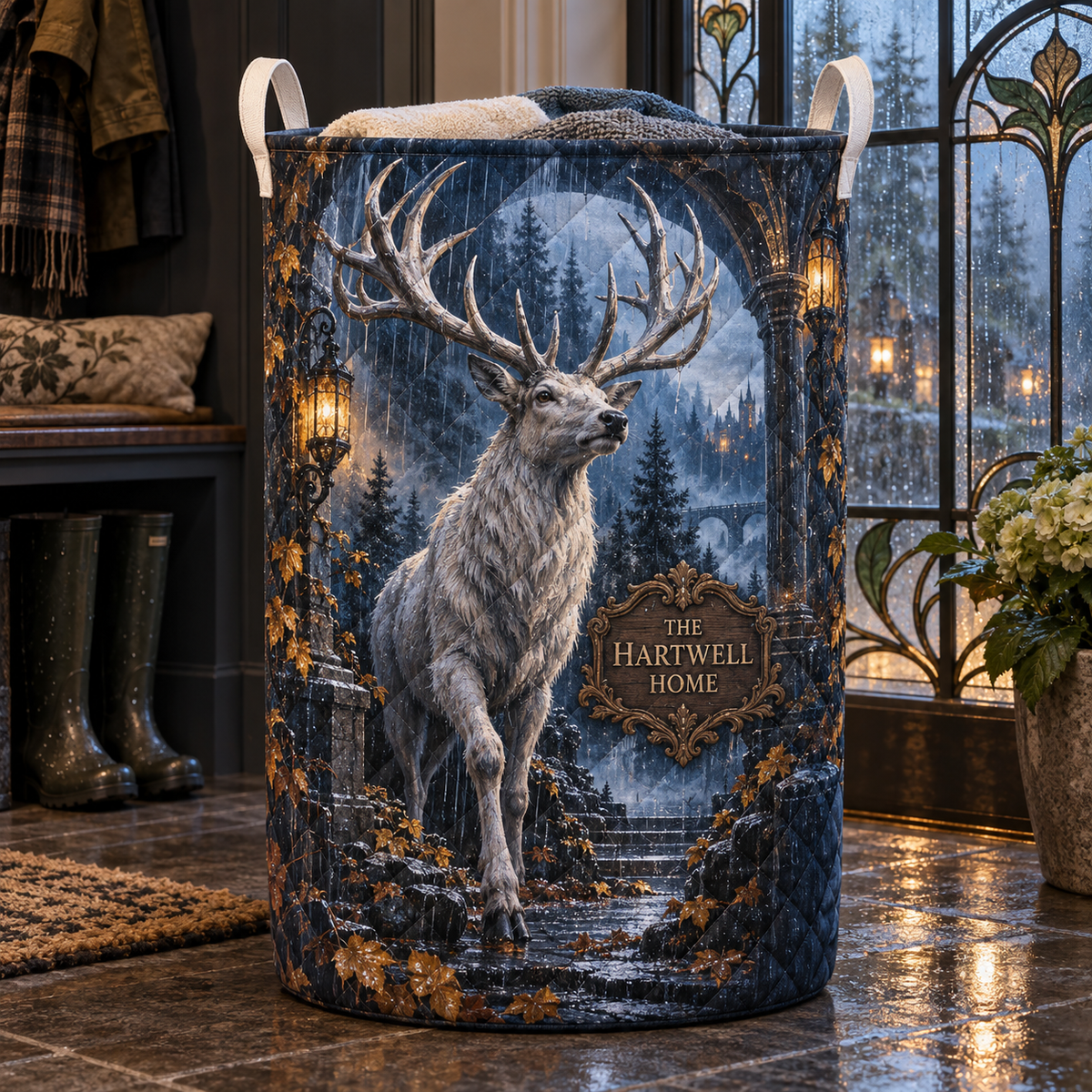 Rainpane Stag Welcome Laundry Hamper with printed optical 3D artwork in its use setting