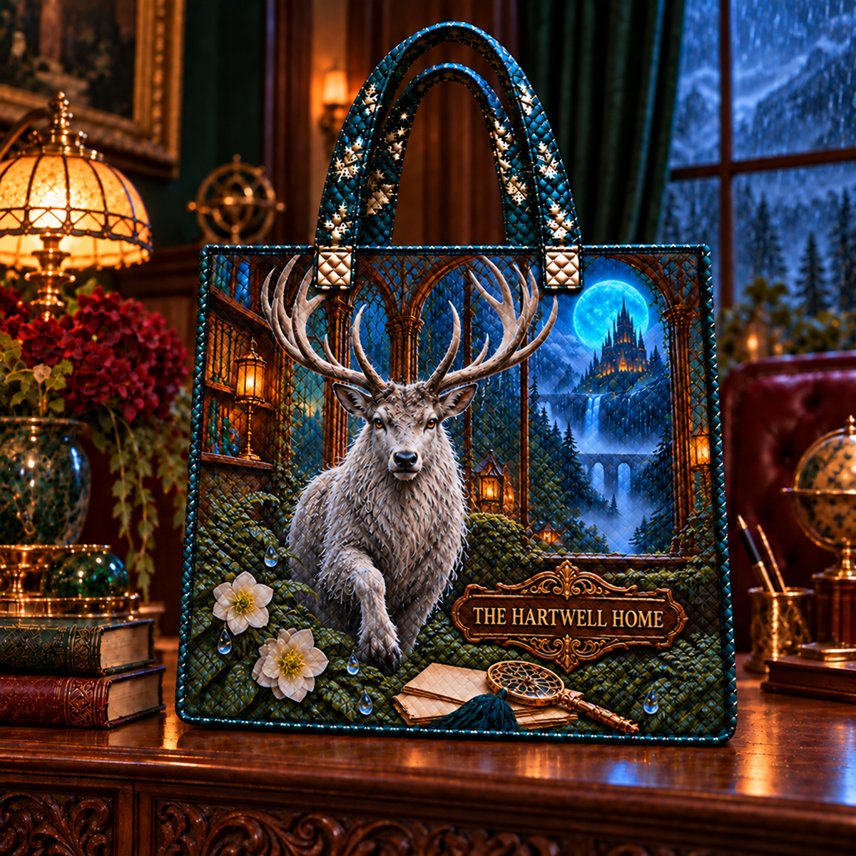 Rainpane Stag Welcome Quilted Tote Bag with printed optical 3D artwork in its use setting