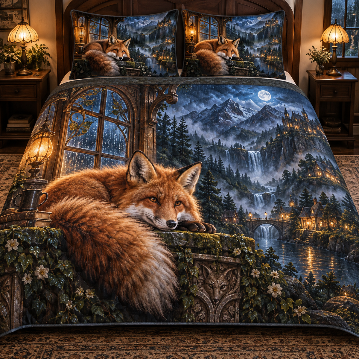 Rainhush Fox Alcove Quilted Bedding Set with printed optical 3D artwork in its use setting