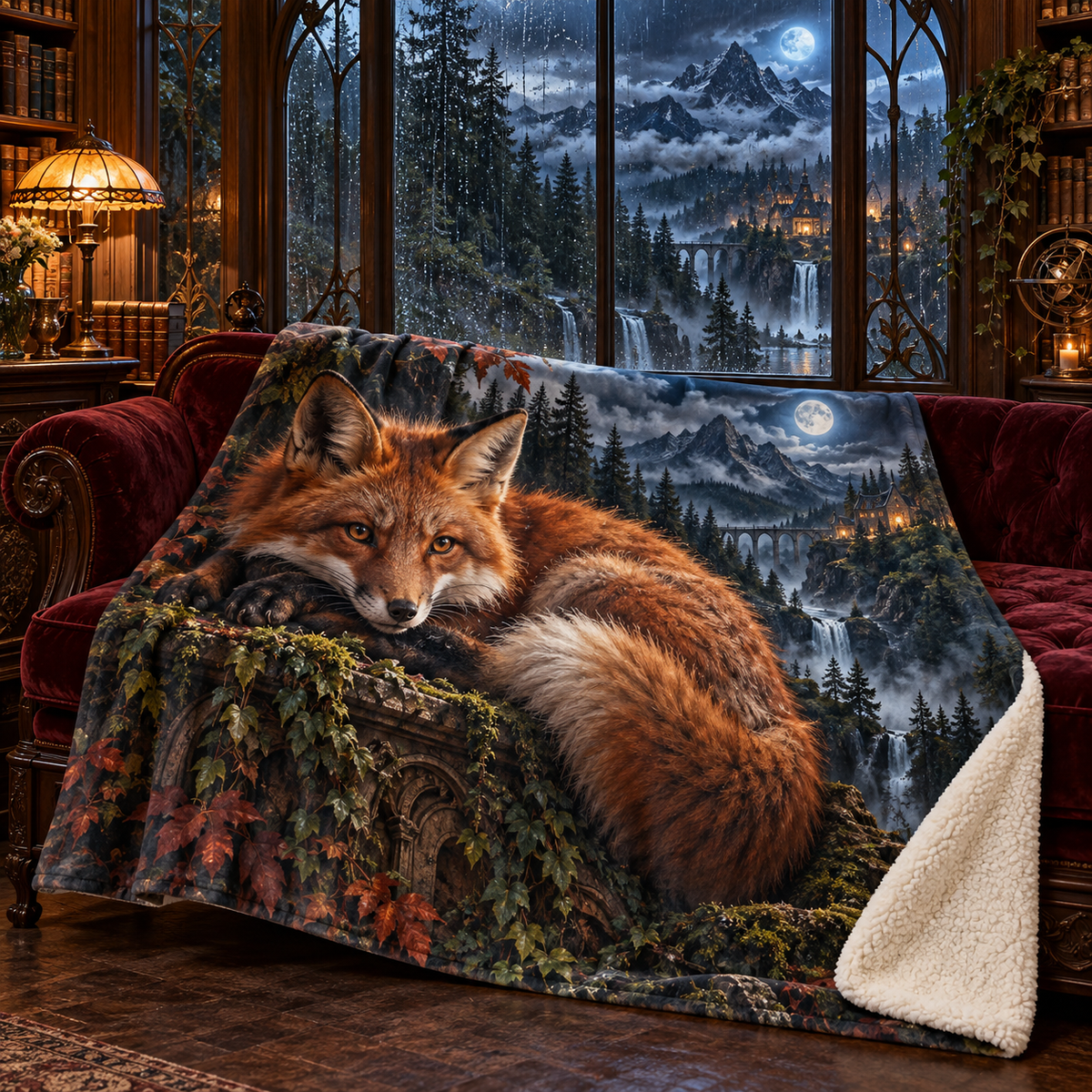 Rainhush Fox Alcove Sherpa & Fleece Blanket with printed optical 3D artwork in its use setting