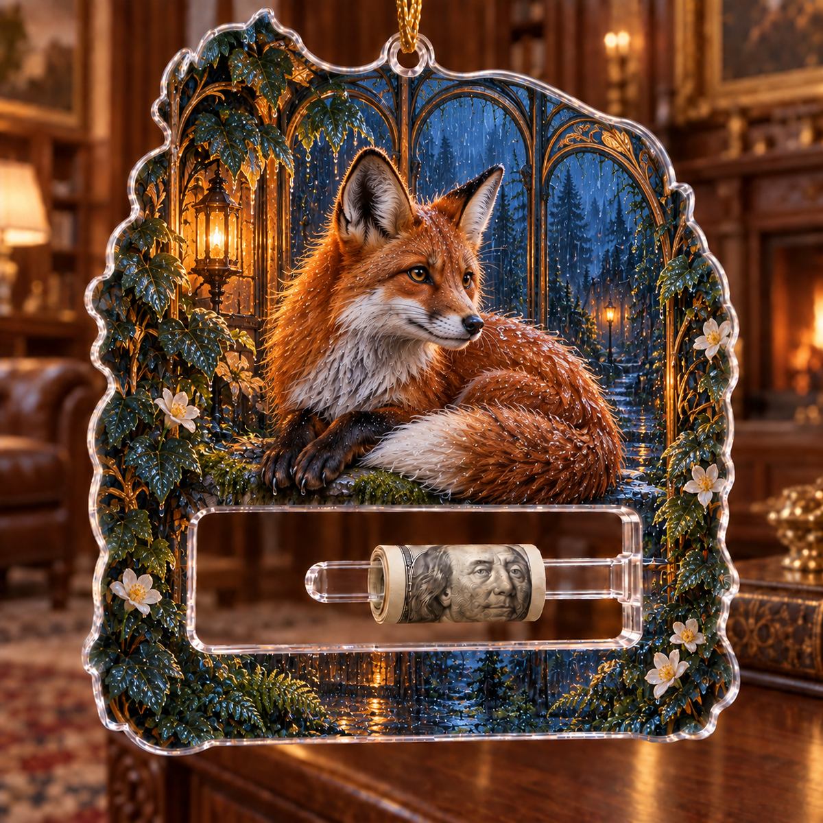 Rainhush Fox Alcove Acrylic Cash Holder Ornament with printed optical 3D artwork in its use setting