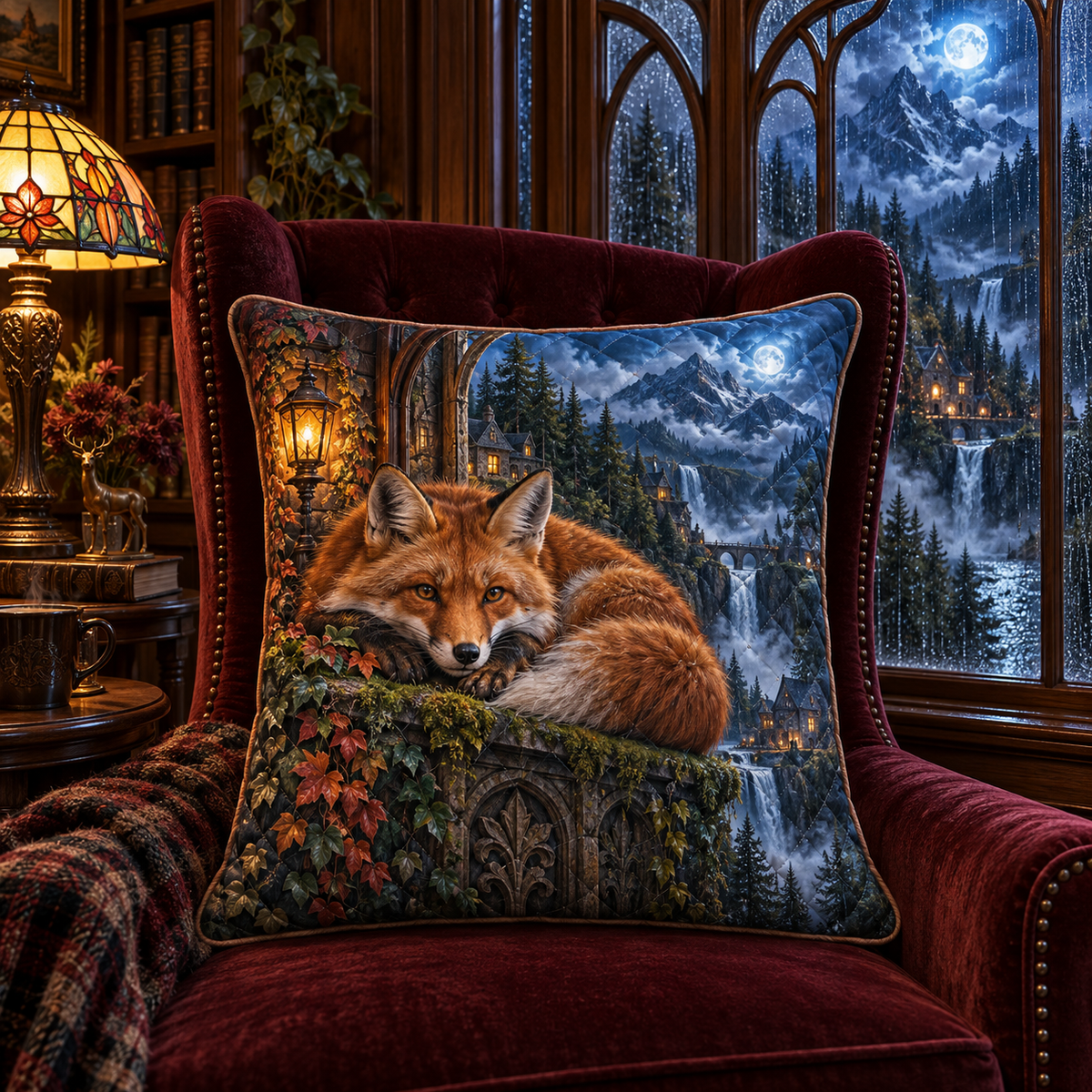Rainhush Fox Alcove Quilted Cushion Cover with printed optical 3D artwork in its use setting