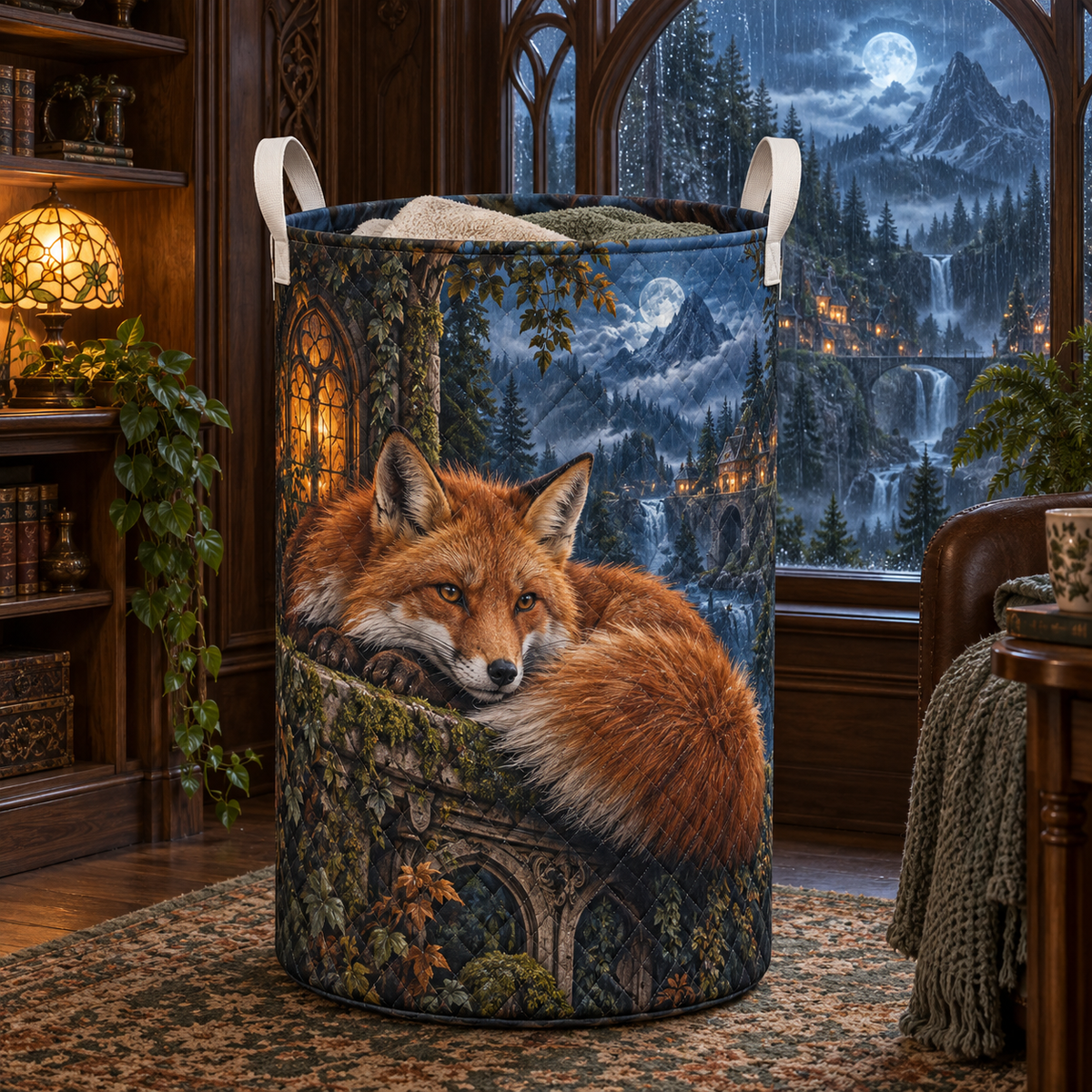 Rainhush Fox Alcove Laundry Hamper with printed optical 3D artwork in its use setting