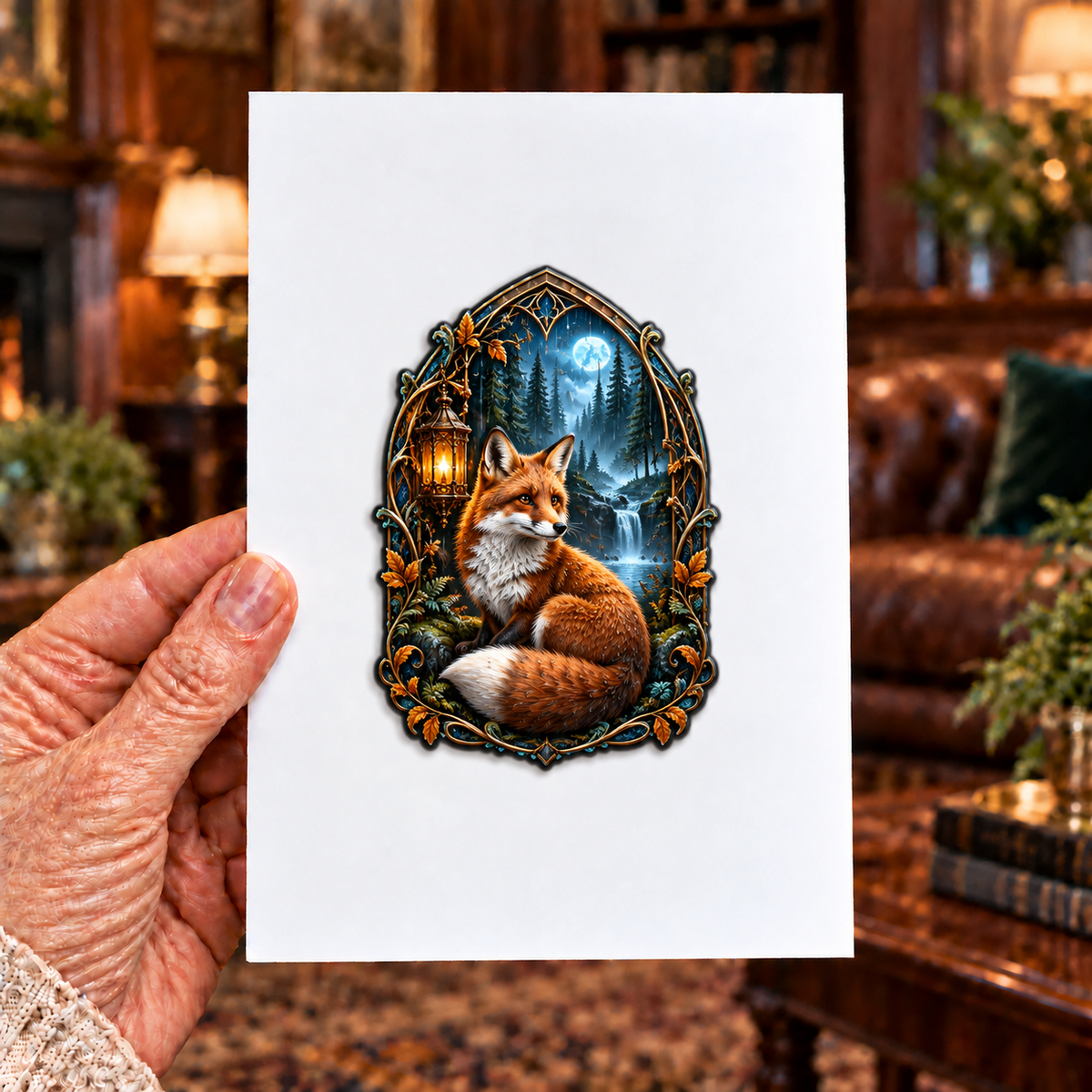 Rainhush Fox Alcove Acrylic Refrigerator Magnet with printed optical 3D artwork in its use setting