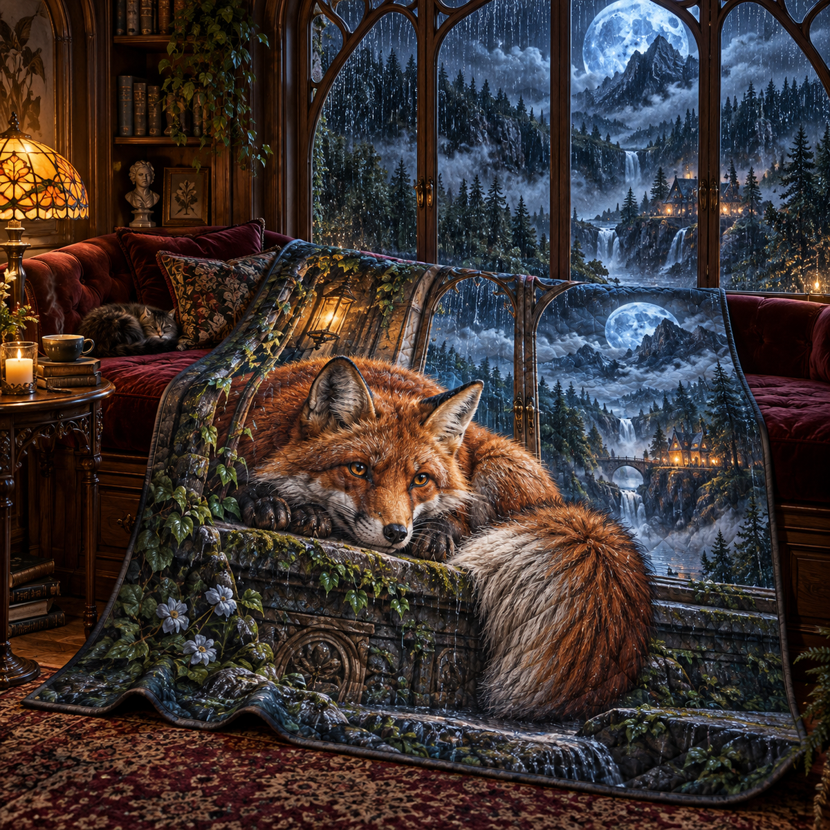 Rainhush Fox Alcove Quilt Blanket with printed optical 3D artwork in its use setting