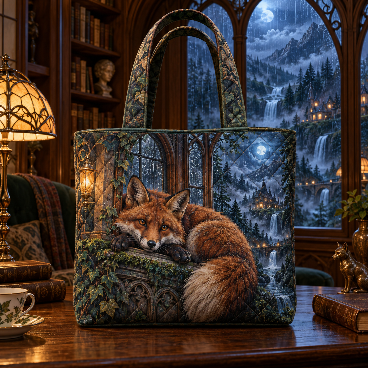 Rainhush Fox Alcove Quilted Tote Bag with printed optical 3D artwork in its use setting