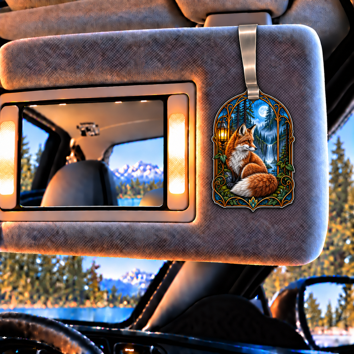 Rainhush Fox Alcove Holographic Car Visor Clip with printed optical 3D artwork in its use setting