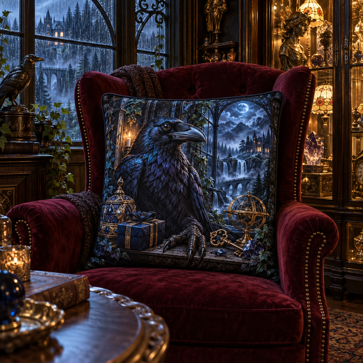 Rainvault Raven Curio Quilted Cushion Cover with printed optical 3D artwork in its use setting