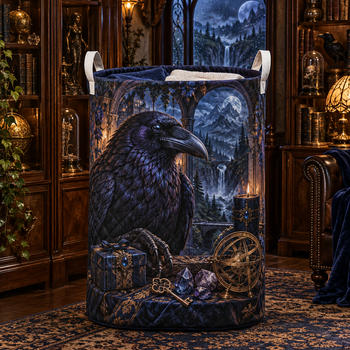 Rainvault Raven Curio Laundry Hamper with printed optical 3D artwork in its use setting