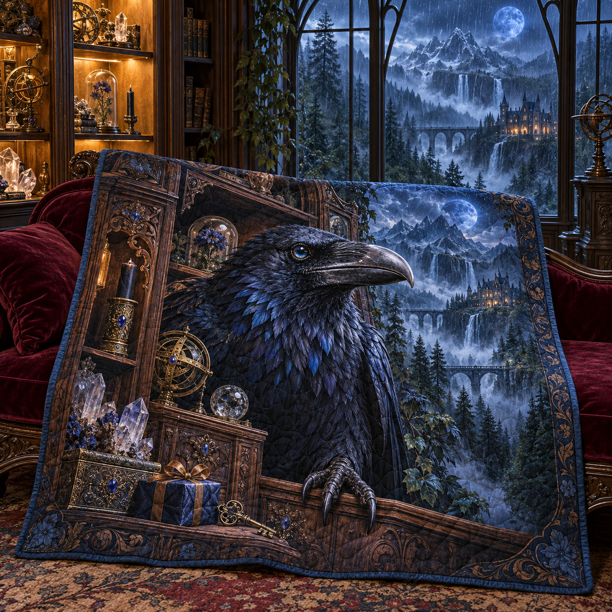 Rainvault Raven Curio Quilt Blanket with printed optical 3D artwork in its use setting