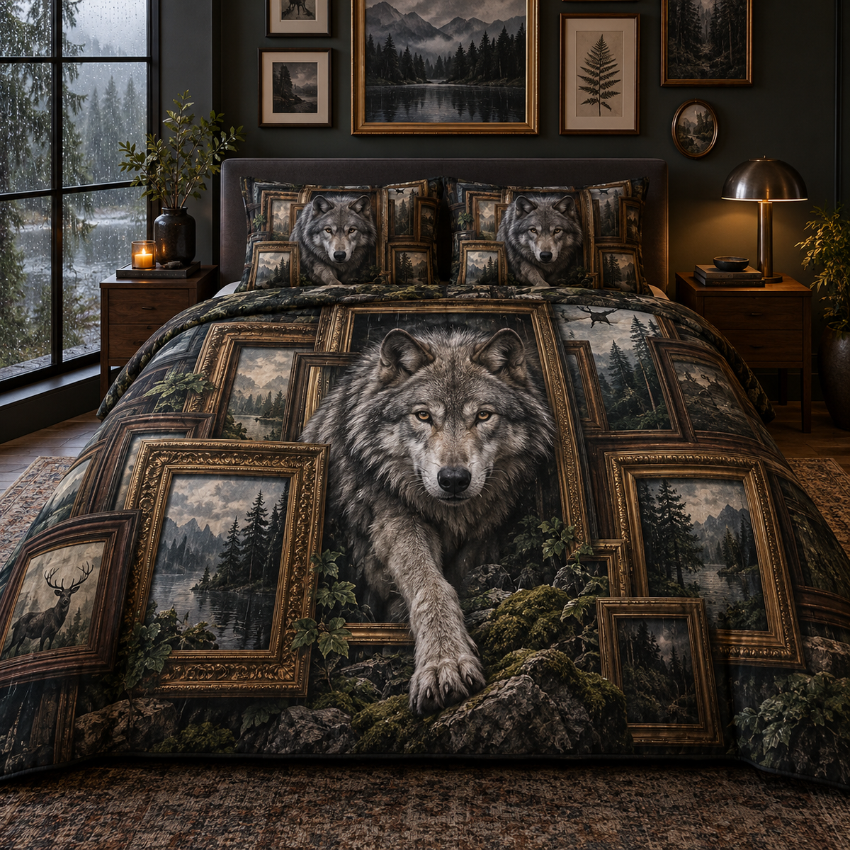 Rainframe Wolf Salon Quilted Bedding Set with printed optical 3D artwork in its use setting
