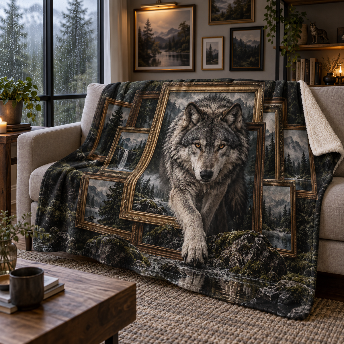 Rainframe Wolf Salon Sherpa & Fleece Blanket with printed optical 3D artwork in its use setting