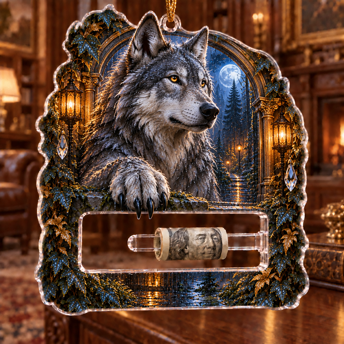 Rainframe Wolf Salon Acrylic Cash Holder Ornament with printed optical 3D artwork in its use setting