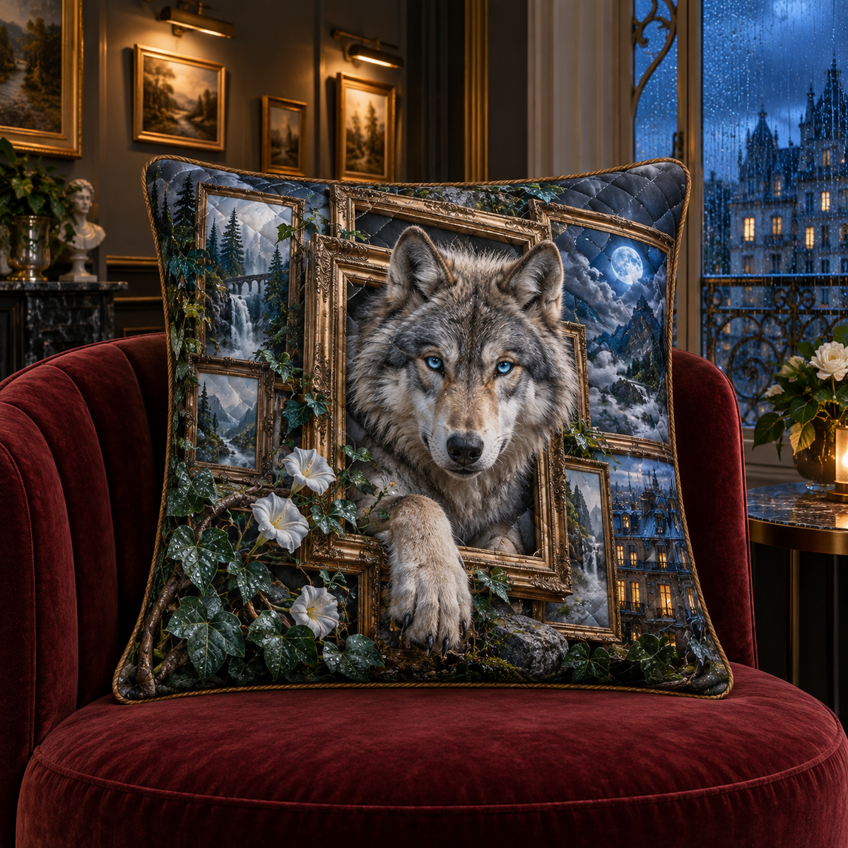 Rainframe Wolf Salon Quilted Cushion Cover with printed optical 3D artwork in its use setting