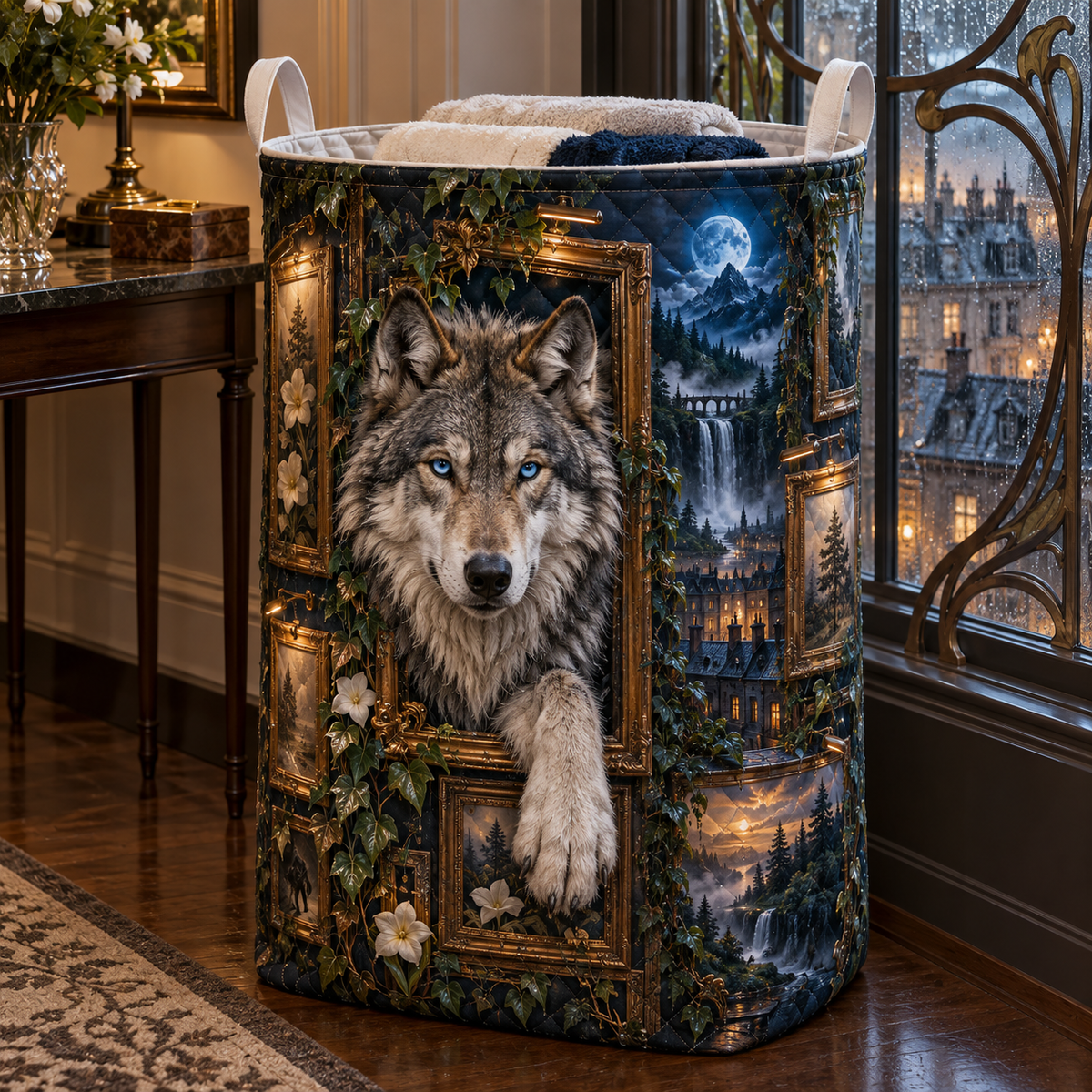 Rainframe Wolf Salon Laundry Hamper with printed optical 3D artwork in its use setting