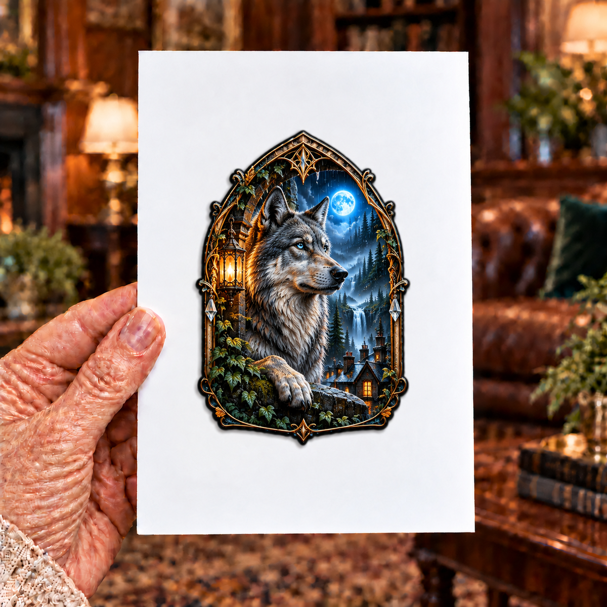 Rainframe Wolf Salon Acrylic Refrigerator Magnet with printed optical 3D artwork in its use setting