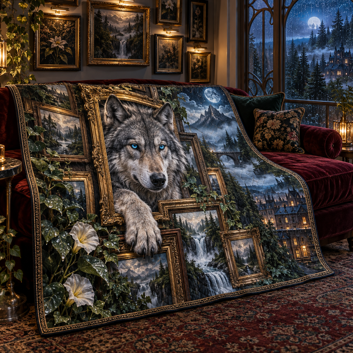 Rainframe Wolf Salon Quilt Blanket with printed optical 3D artwork in its use setting