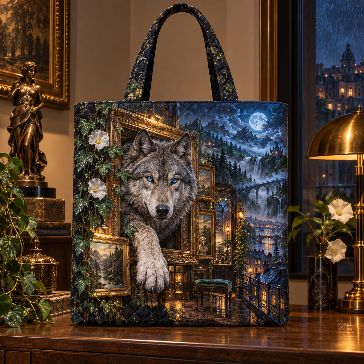 Rainframe Wolf Salon Quilted Tote Bag with printed optical 3D artwork in its use setting