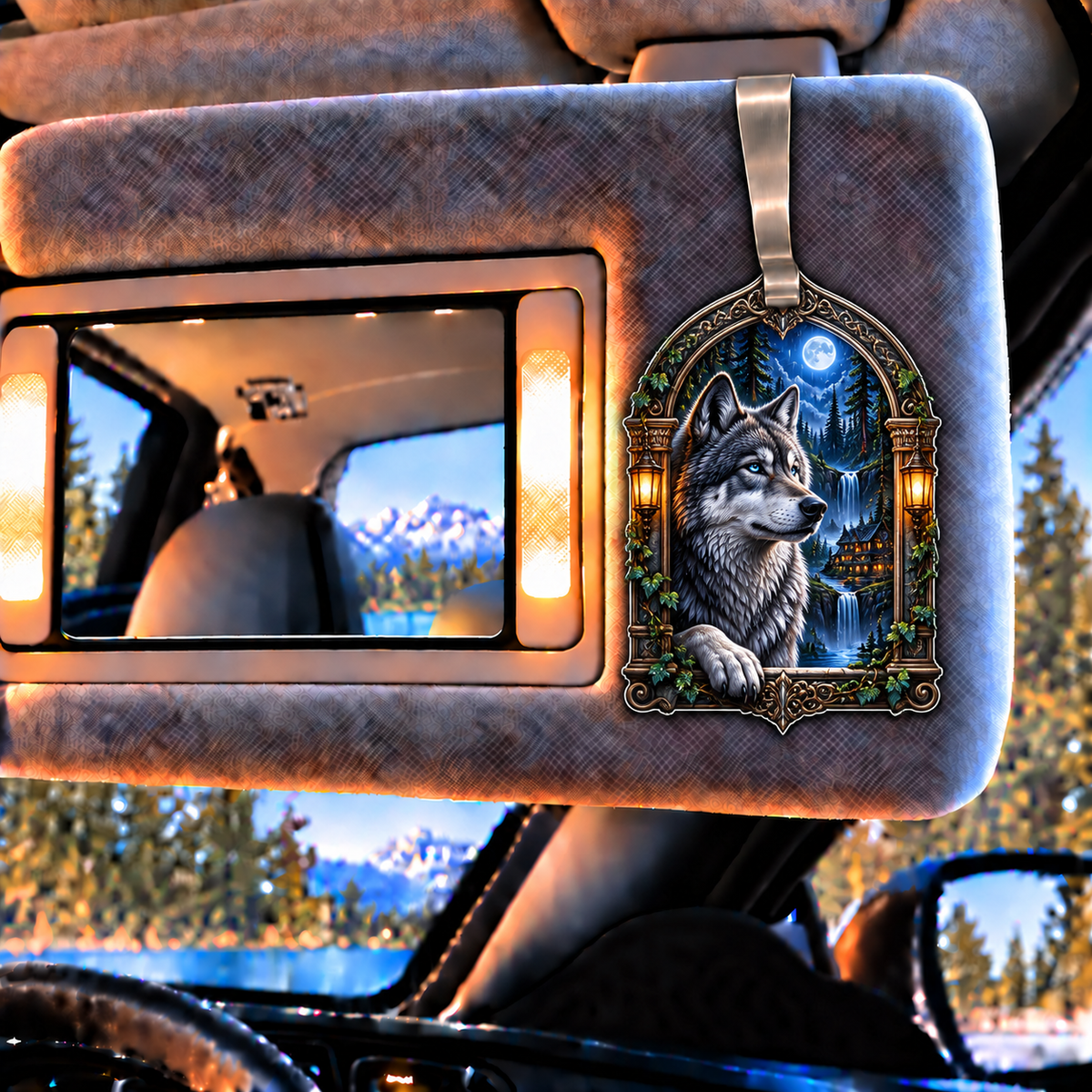 Rainframe Wolf Salon Holographic Car Visor Clip with printed optical 3D artwork in its use setting