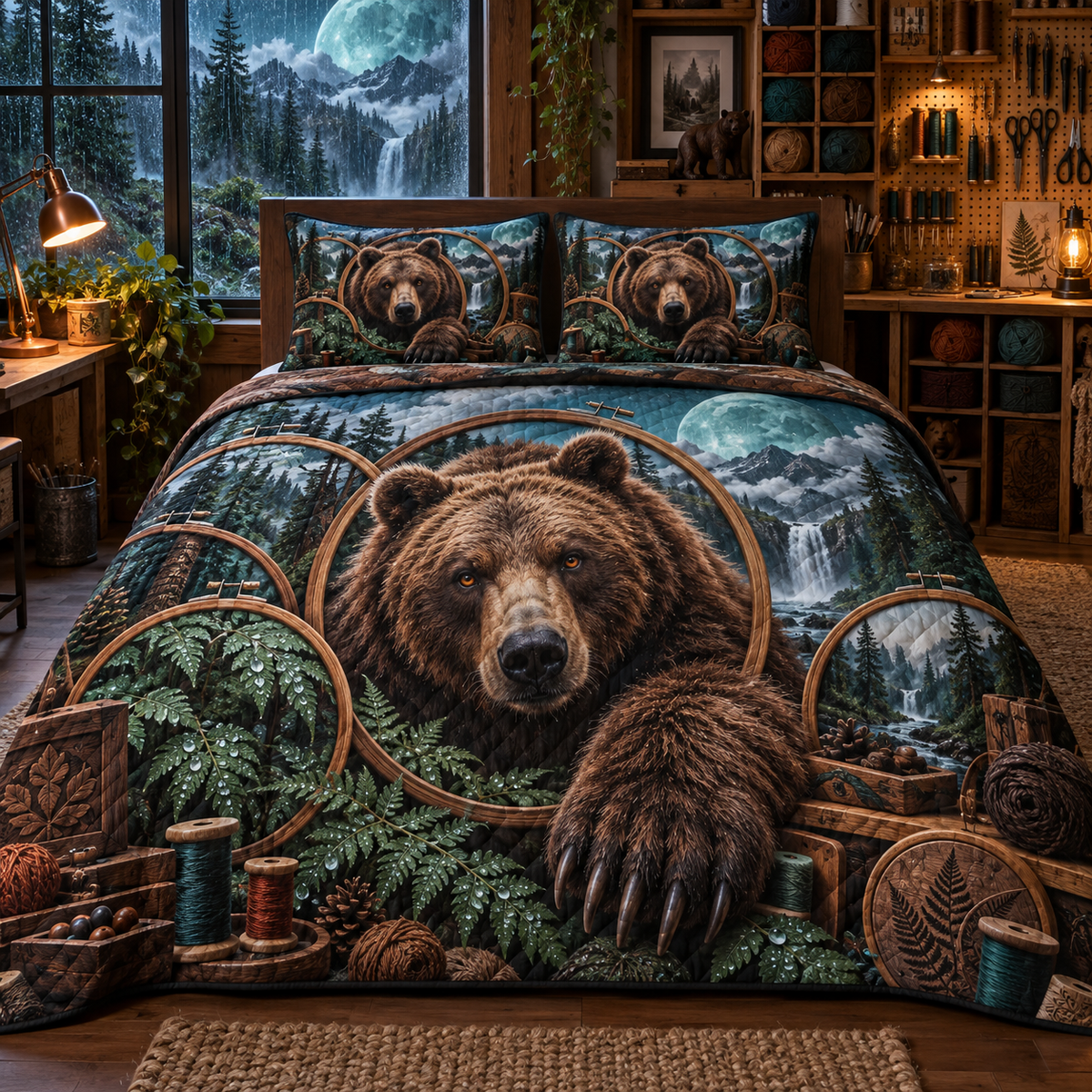 Rainloom Bear Atelier Quilted Bedding Set with printed optical 3D artwork in its use setting