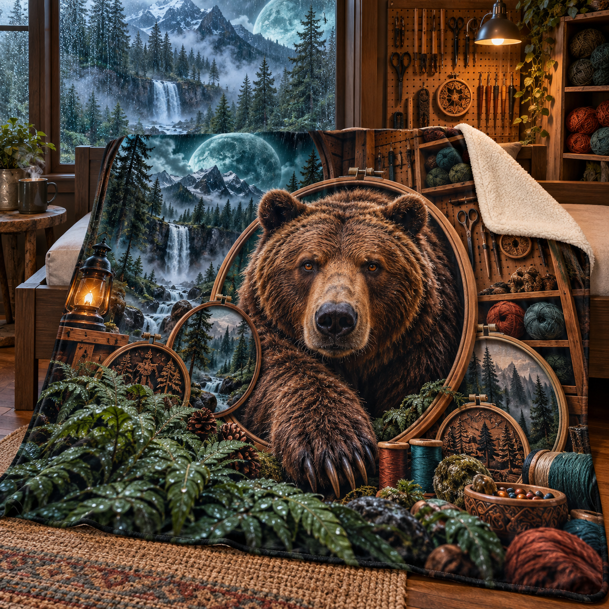 Rainloom Bear Atelier Sherpa & Fleece Blanket with printed optical 3D artwork in its use setting
