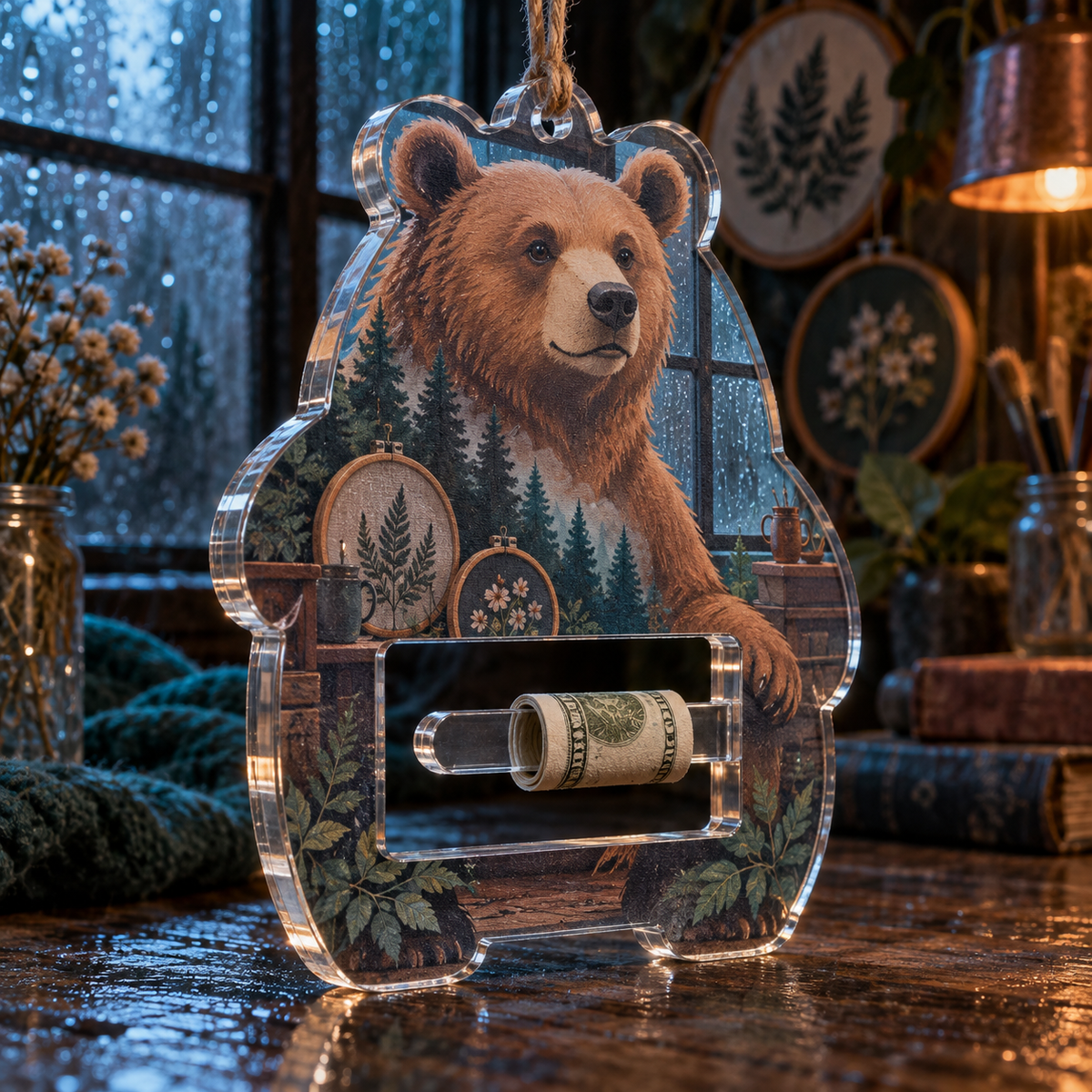 Rainloom Bear Atelier Acrylic Cash Holder Ornament with printed optical 3D artwork in its use setting