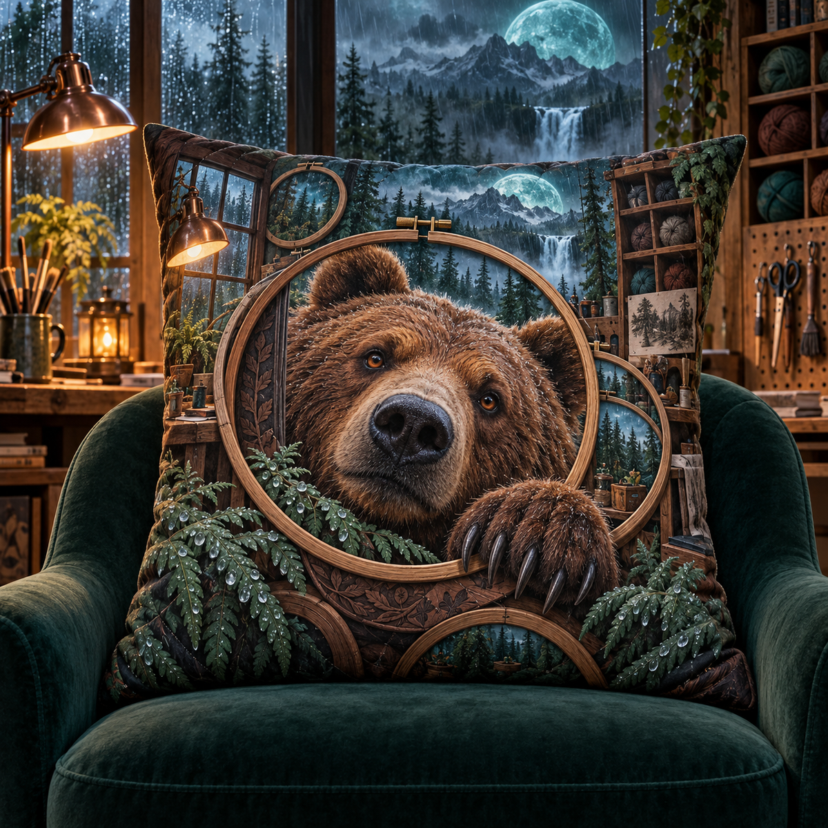 Rainloom Bear Atelier Quilted Cushion Cover with printed optical 3D artwork in its use setting