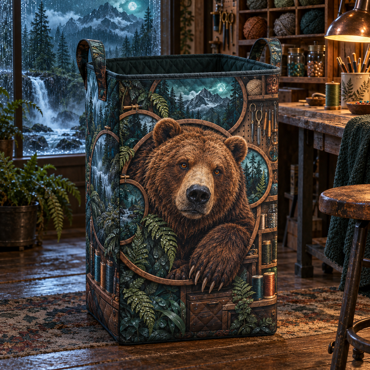 Rainloom Bear Atelier Laundry Hamper with printed optical 3D artwork in its use setting