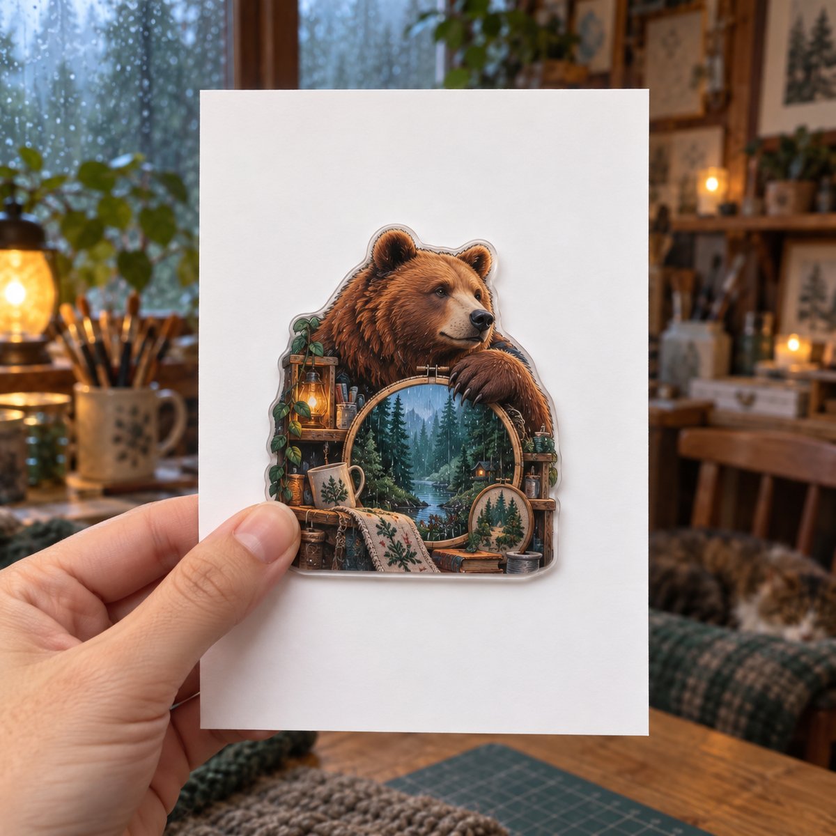 Rainloom Bear Atelier Acrylic Refrigerator Magnet with printed optical 3D artwork in its use setting