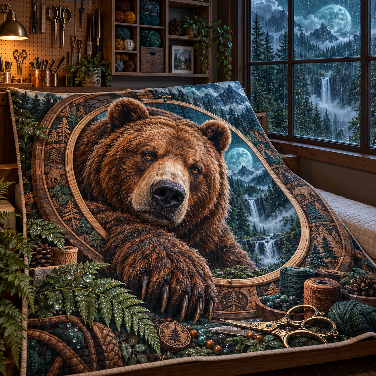 Rainloom Bear Atelier Quilt Blanket with printed optical 3D artwork in its use setting