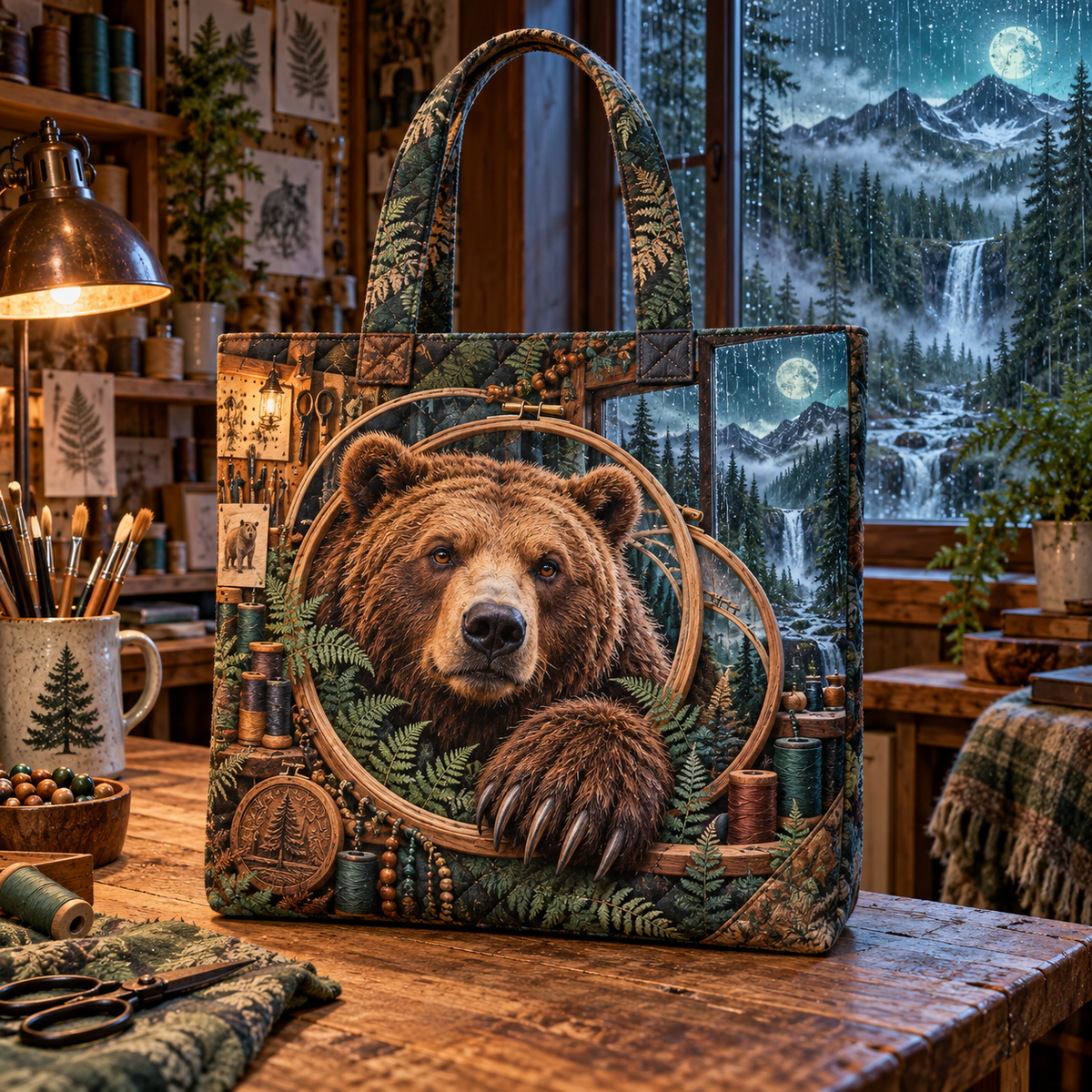 Rainloom Bear Atelier Quilted Tote Bag with printed optical 3D artwork in its use setting